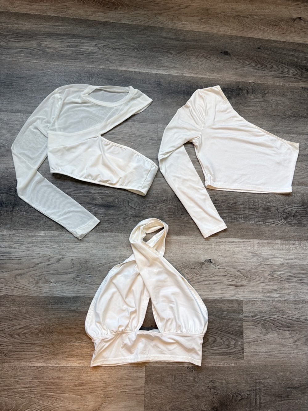 SHEIN White Trio: Asymmetric Mesh, Long Sleeve & Halter Crop Tops